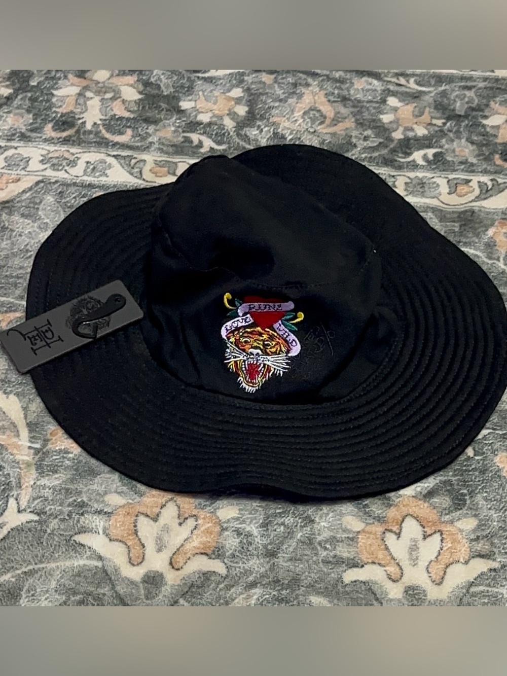 Ed Hardy Black Bucket Hat with Embroidered Tiger Patch